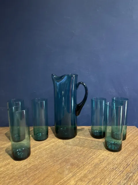 Whitefriars vintage Mcm pinch top jug set 6 glass hand blown