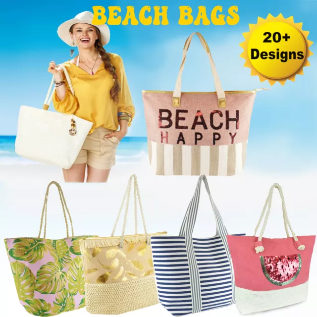 Beach Bag Large Tote Bag Metallic Canvas Summer Shoulder Shopper With Zip