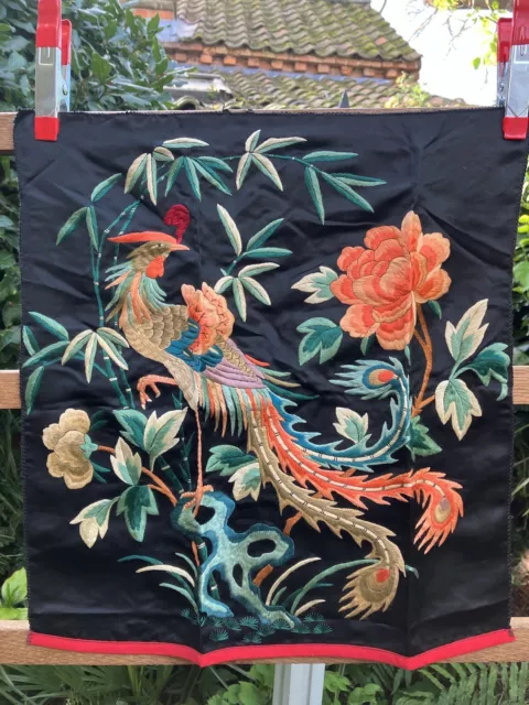 Vintage 1930s Chinese Embroidery On Black Silk Satin Fabric