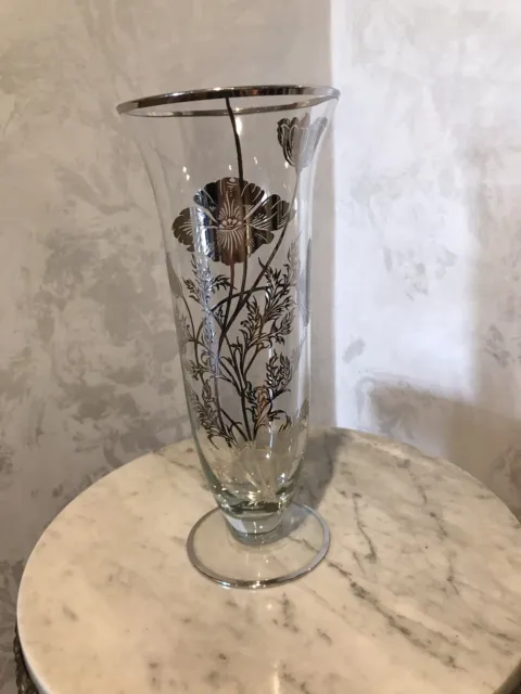 Vintage MidCentury Art Nouveau Sterling Silver Overlay Clear  Glass  Flower Vase