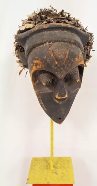 Antique Vintage African Carved Wood Mask with Feathers and Base Kuba People 2