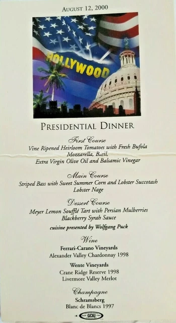 Wolfgang Puck Presidential Dinner Menu Paper August 12, 2000