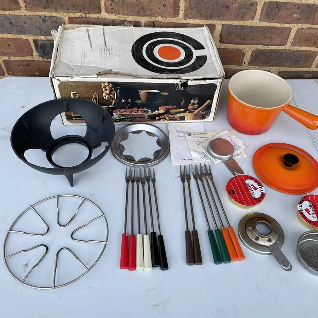 Juego de fondue de carne Le Creuset de hierro fundido de colección raro de los años 80 6172 naranja con caja