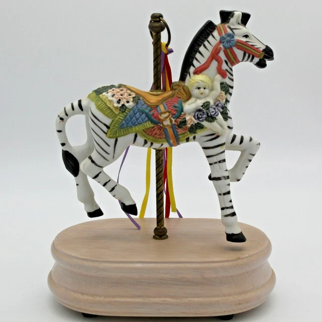 Vintage Porcelain Carousel Zebra Sankyo Music Box Wood Base Hand Painted