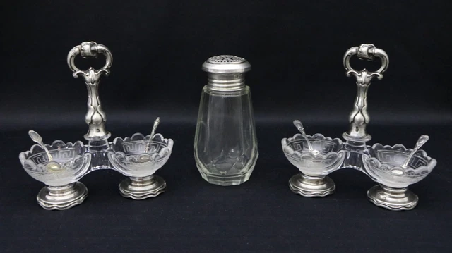 Antique silver, crystal, glass, salt cellars, sugar shaker,Barthelemy,France,950