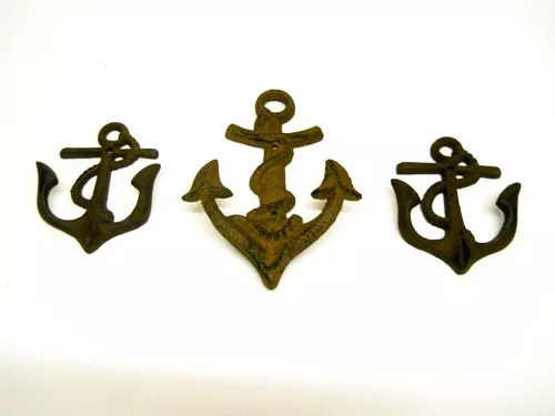 Nautical Decor Anchor Hooks Cast Iron Towel Beach Ocean Kitchen Bath 3 Pc Set