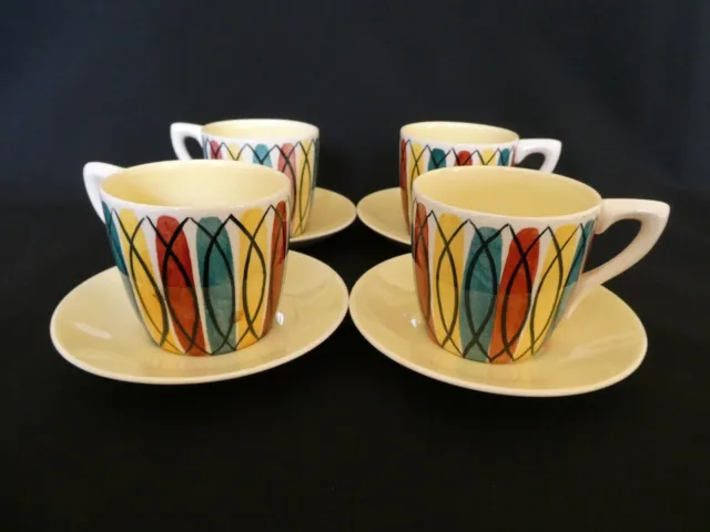 Set of 4 KCA Pottery Coffee Cups and Saucers Hand Painted Art Deco VGC