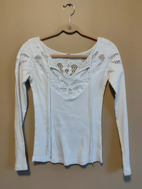 Free People women's XS top white round-v-neck ties embroidered long sleeves