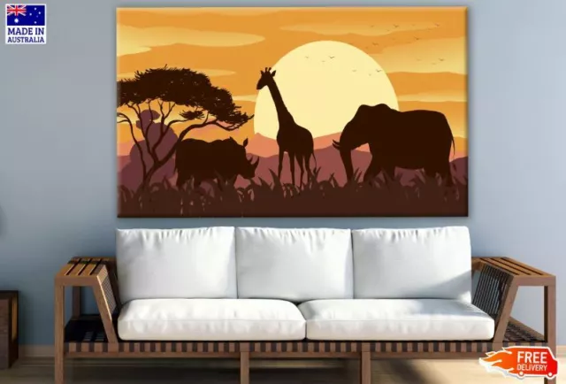 Wild Animals at Sunset Vector Art Wall Canvas Home Decor Australian Made Quality