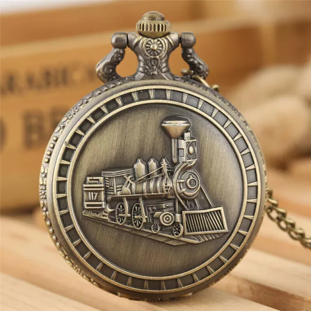 Old Fashion Steam Locomotive Men's Quartz Analog Pocket Watch Necklace Chain