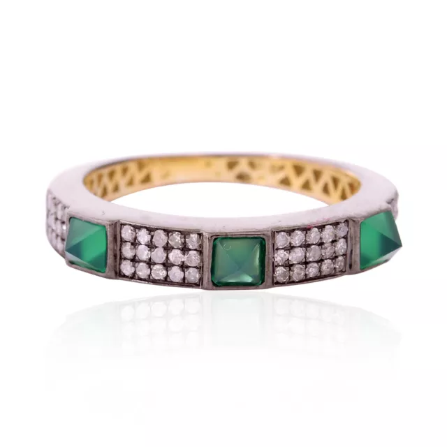 18k Gold & 925 Sterling Silver Green Onyx Diamond Band Ring Women Jewelry
