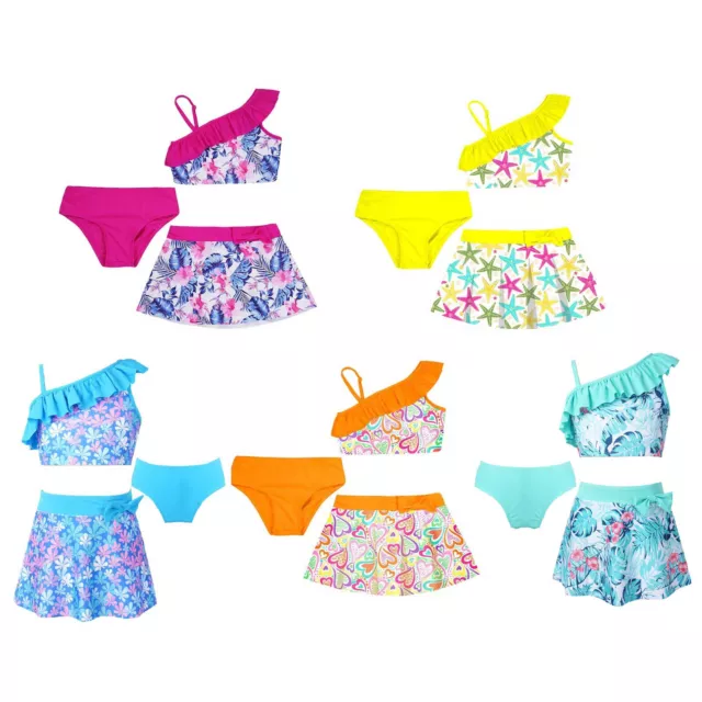 Mädchen 3-Teilig Badeanzug Badeset Bikini Tankini Schwimmrock Set Badebekleidung