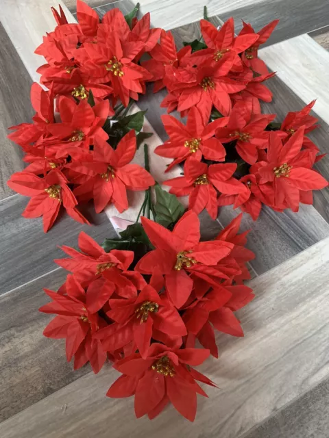 6x Red Poinsettia Bunches 42 Flowers Stems Artificial Christmas Plant Wreath Pot