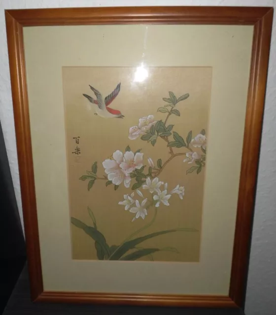 Vogel im Flug - Blumen Zweig - Seidenmalerei Japan China - gestempelt signiert