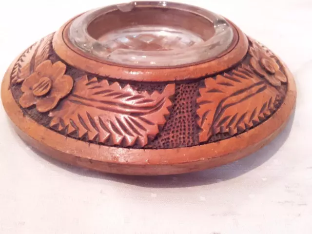 Fine  Arts & Crafts Turned And Carved Ashtray With Original Glass Insert