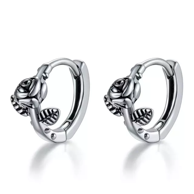 Punk Silver Rose Flower Huggie Hoop Earrings Stainless Steel Retro Rock Jewelry 2