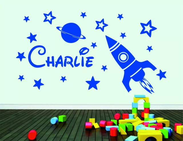 Space Rocket & Stars Planet Childrens Personalised Vinyl Wall Sticker Bedroom