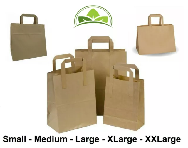 Paper Bags Brown Kraft SOS Carrier Bags Flat Handle - All Sizes