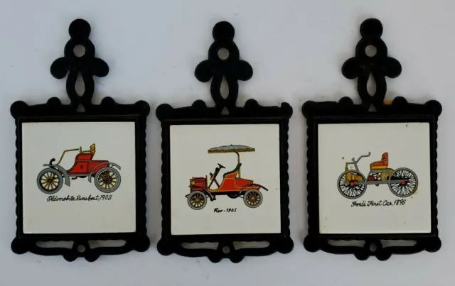Lot of 3 Vintage Cast Iron Ceramic Tile Antique Automobile Car Trivet Coasters