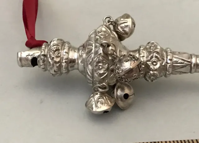 Baby Rattle, Sterling Silver, Bells, Teething Coral, Whistle, 1838,  Victorian.