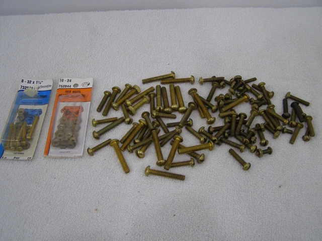 100 or so Vintage Brass Machine Screws Slotted Round / Dome Head Few Nuts Too