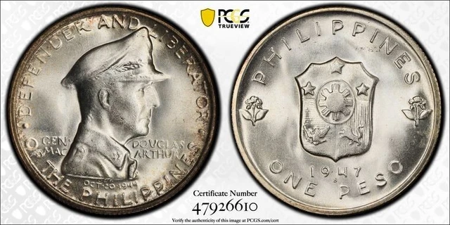 1947-S Philippines 1 Peso PCGS MS64 Lot#G5072 Large Silver! MacArthur