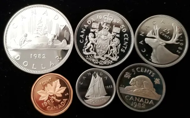 SET Canada 1, 5, 10, 25, 50 Cents + 1 Dollar 1982 Base Metal PROOF