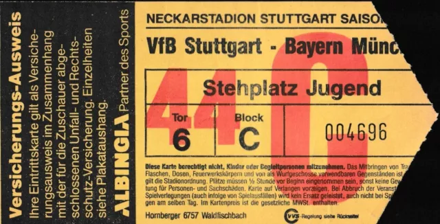 TICKET Fußball VfB Stuttgart v Bayern München 1988/89 Neckarstadion Stehplatz C