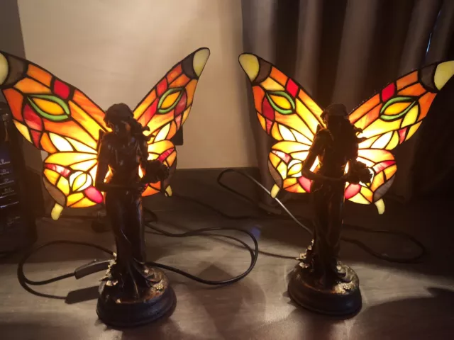 Art Deco Style Butterfly Angel Tiffany Style Stained Glass Table Lamps x 2 Pair
