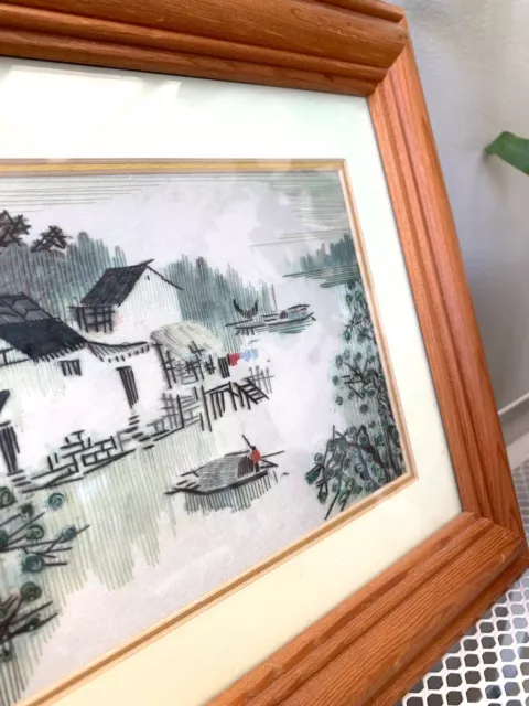 Asian Framed Vintage Chinese hand embroidered river Landscape artwork on silk