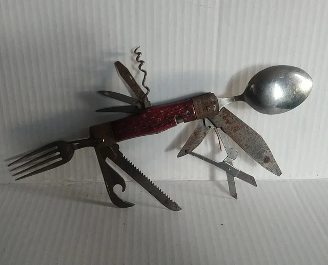 VINTAGE STAG HANDLE Swiss Army Pocket Knife Multitool Utensil Spoon