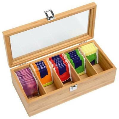 Wood Bamboo Tea Storage Bag Box Organizer Holder Sorter 5 Compartments Clear