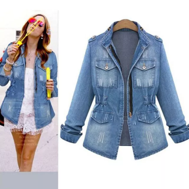 Women's Ladies Denim Oversize Jeans Chain Jackets Pocket Plus Size Coats Tops UK