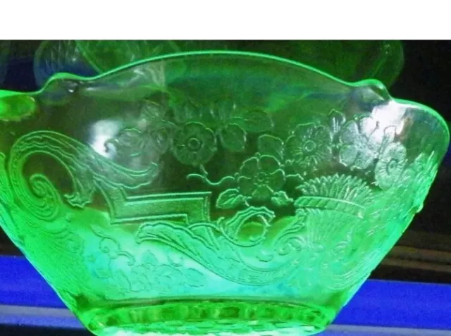 Lancaster Glass Depression Uranium Green Glass Bowl w/Handles~ Debra Pattern