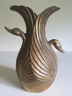Vtg Art Deco Egyptian Revival Style Cast Solid Brass Double Swan Sculptural Vase