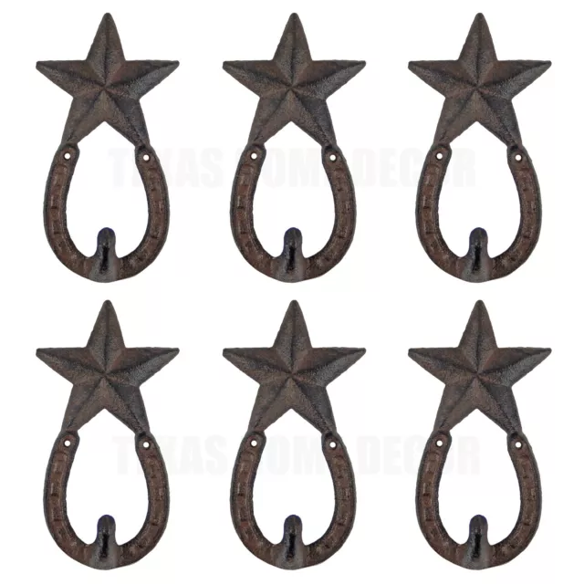 6 Horseshoe Star Wall Hooks Cast Iron Rustic Western Decor Coat Key Towel Hanger