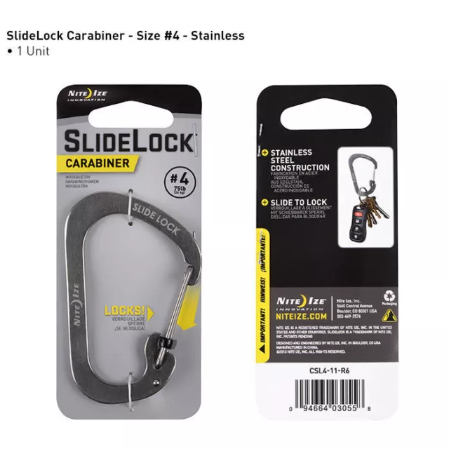 NiteIze SlideLock Carabiner Stainless Steel #4 CSL4-11-R6  Stainless NEW