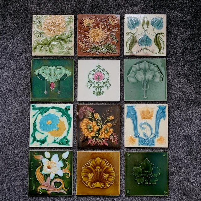 Selection Of 12 Antique Fireplace Tiles Art Nouveau Moulded Majolica C1900
