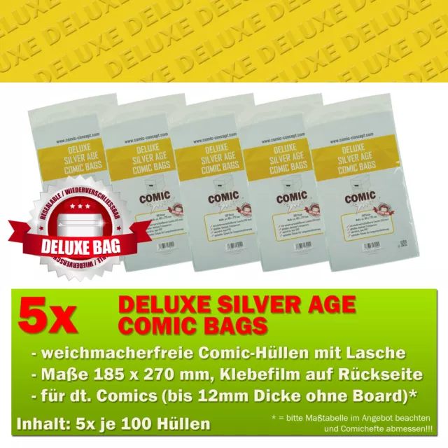 500x Comic Concept Deluxe Silver Age Comic Bags Hüllen m. Lasche 185 x 270 mm