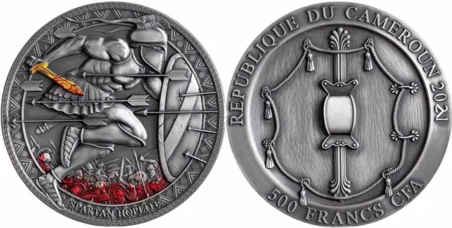Spartan Hoplite 1/2 oz Antiqued Silver Coin 500 Francs 2021 - Low Serial #75/999