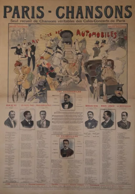 "PARIS - CHANSONS : A LA GLOIRE DES AUTOMOBILES" Affiche originale entoilée 