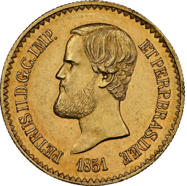 Mint State Brazil: Pedro II Gold "Small Bust" 20000 Reis 1851 NGC MS62
