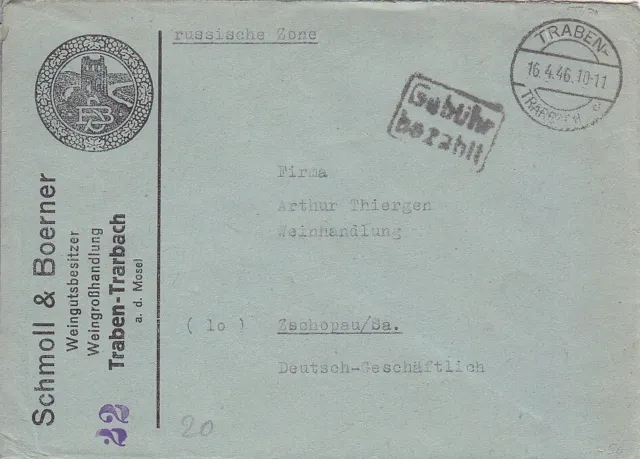 F.Zone - TRABEN - TRARBACH  - Gebühr bezahlt - Brief - 1946
