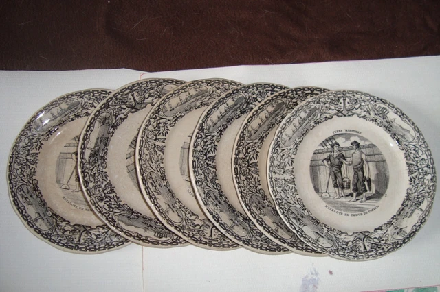 Lot De 6 Assiettes Parlantes Anciennes En Faïence Blanche - Années 1920-1949