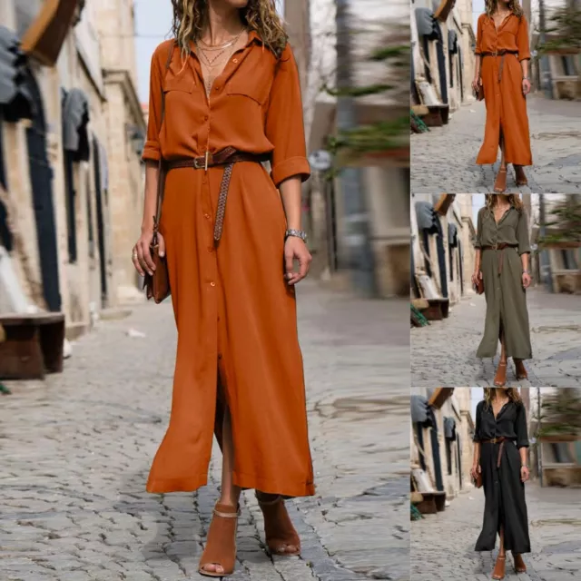 Women's Button Long Sleeve Shirt Maxi Dress Autumn Loose Casual Belted Dresses