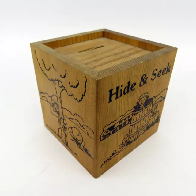 Vintage Wooden Hide and Seek Combination Lock Coin Bank, 4" cube, Works