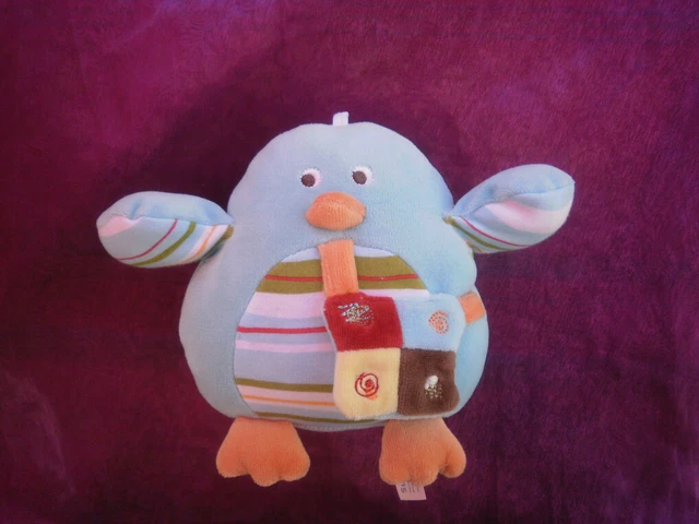 Doudou oiseau bleu poussin vert raye  SUCRE D ORGE