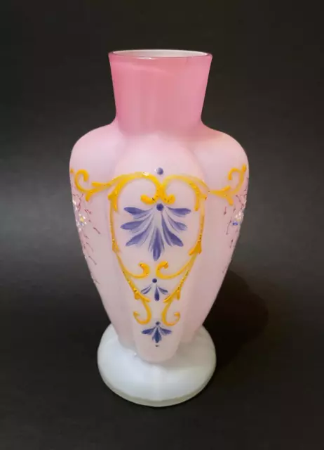 Antique Victorian Pink Satin Glass Cased Vase Hand Painted Enamel Decoration