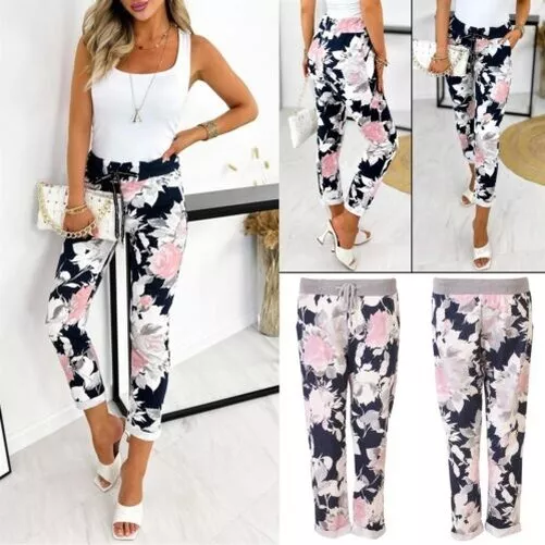 Womens Joggers Italian Floral Print Trousers Casual Jogging Bottoms Ladies Pants