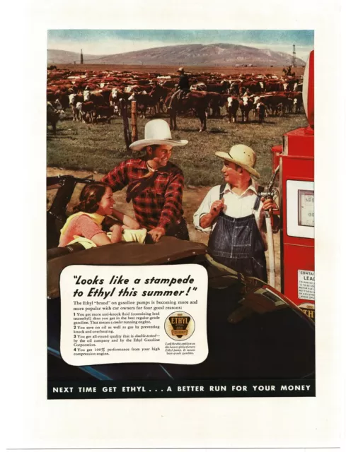 1937 Ethyl Gas Gasoline Cattle Ranch Hereford Convertible Car Vintage Print Ad